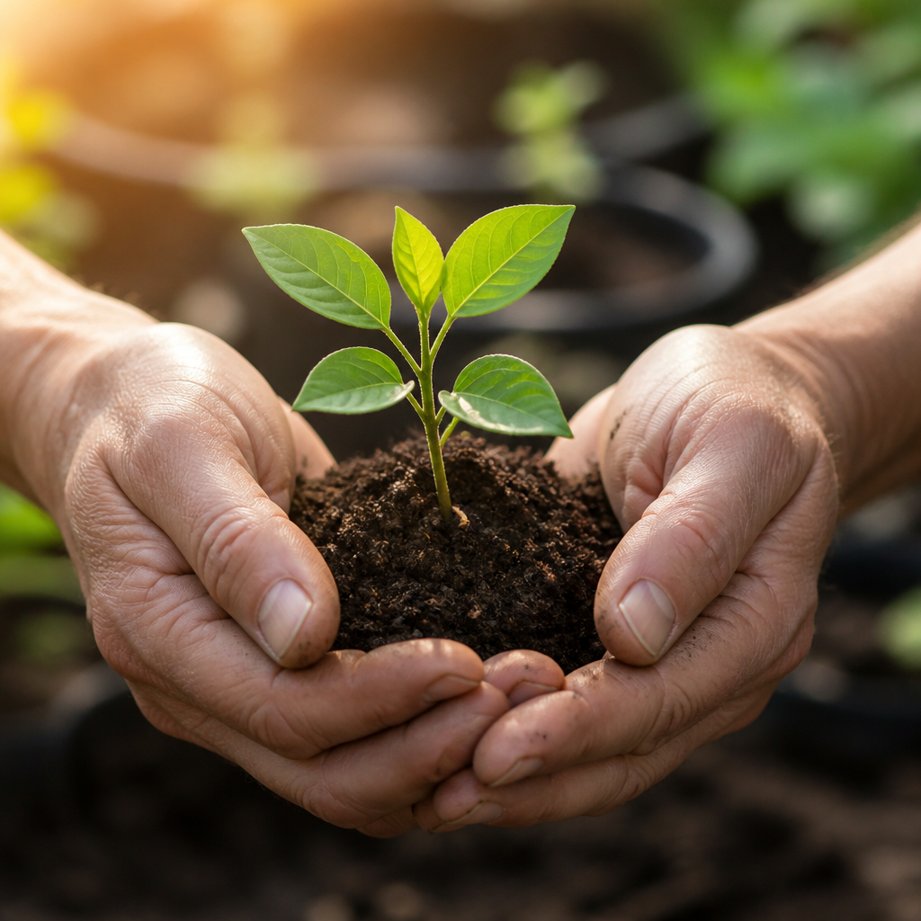 Hands nurturing a seedling